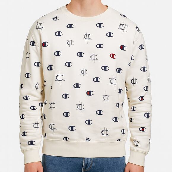 Champion Reverse Weave Logo Sweatshirt Cream Cotton Crewneck XL - Picture 1 of 12